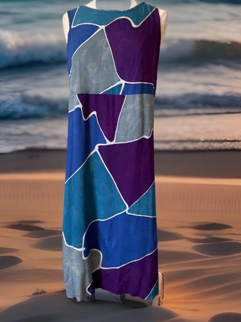 Sleeveless Colorblock Geometric Midi Dress in Teal, Blue & Purple